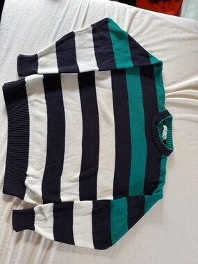 Izod Striped Crewneck Sweater in Navy Blue, White & Teal